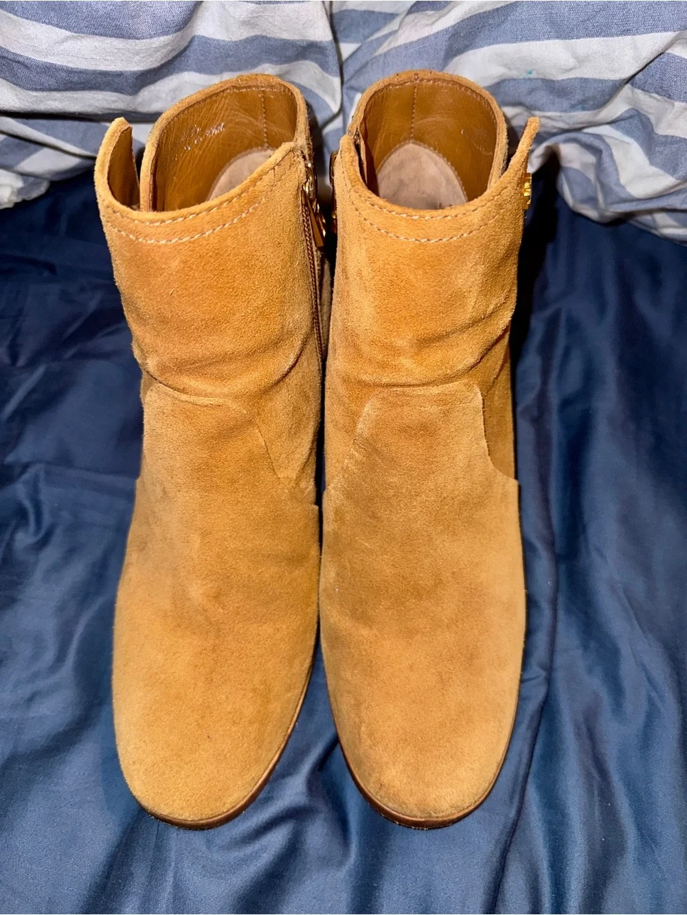 Tory Burch Tan Suede Zip Block-Heel Ankle Boots